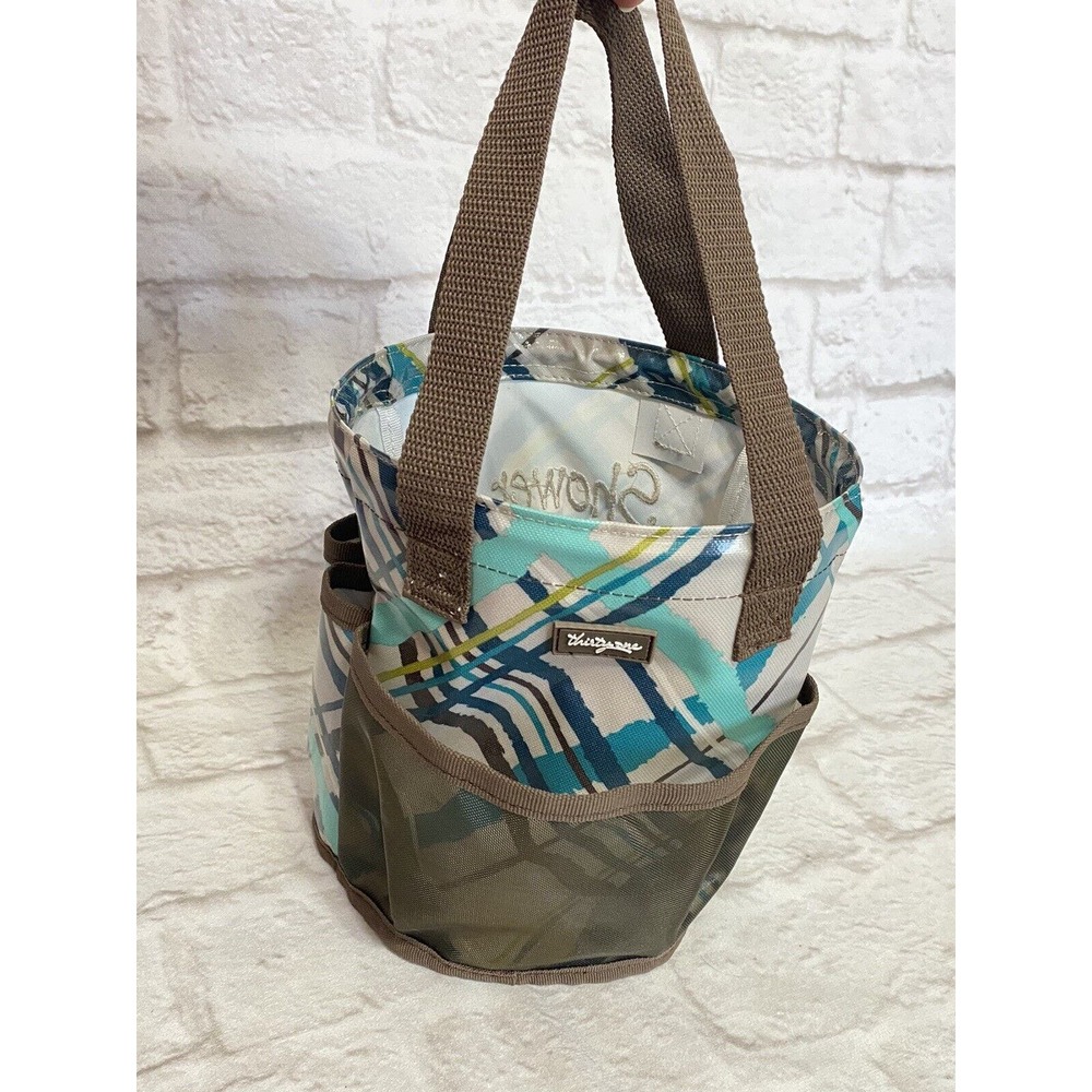 Thirty One Shower Power Round About Caddy Teal Sea Plaid Mesh Tote Handles